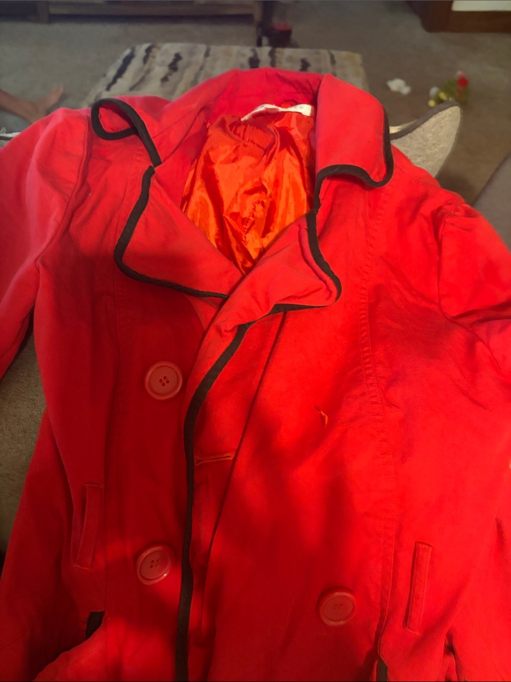 Max Studio Bright Red Trench Coat with Black Piping